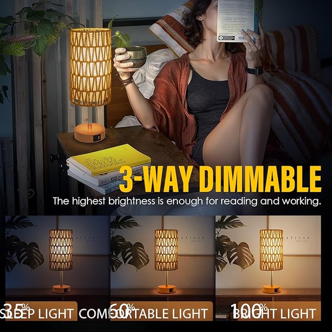Yarra-Decor Bedside Lamp with USB Port - Touch Control Table Lamp for Bedroom (Rattan2)