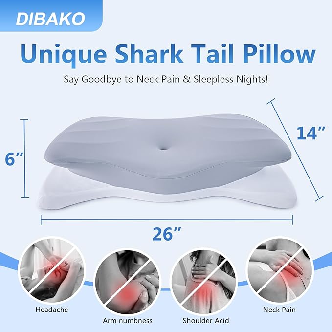 Cervical Neck Pillow, Memory Foam Pillows for Neck Pain Relief, Ergonomic Neck Support Pillow for Sleeping, Cooling Shark Tail Contour Bed Pillows for Side, Back & Stomach Sleepers