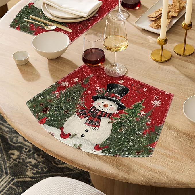 Artoid Mode Red Christmas Snowman Wedge Placemats for Round Table Set of 4, Winter Seasonal Kitchen Dining Table Decoration for Indoor Party Home