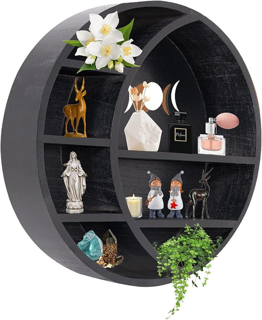 Myuilor Wooden Moon Shelf, 15.75Inch Crescent Moon Shelf for Crystals, Stones & Essential Oils, Crystal Shelf Display Pine Floating Circle Shelf, Crystal Moon Shelves
