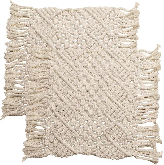 Handmade Cotton Woven Crochet Placemat with Tassels, 10 x12 Inches Small Place Mat for Bohemian Wedding Décor, Boho Table Mat for Farmhouse, Rustic Décor for Dining Table, Beige
