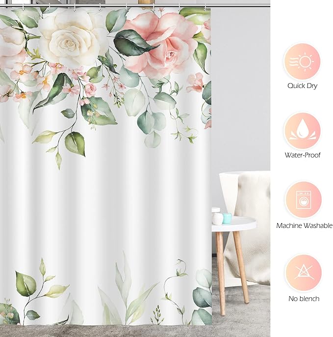 Floral Shower Curtain for Bathroom - Watercolor Pink Rose Flower Eucalyptus Leaves Fabric Shower Curtains Set with 12 Hooks Bathroom Decor Accessories, 72"x72"