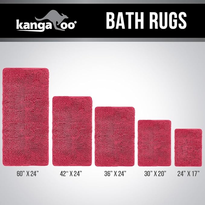 KANGAROO Bathroom Rugs, Chenille Soft Absorbent Bath Rug, Shaggy Shower Mat, Quick Dry Machine Wash Bathmat, Plush Carpet Mats for Tub, Bathtub and Room Home Decor Accessories, 42x24, Hot Pink