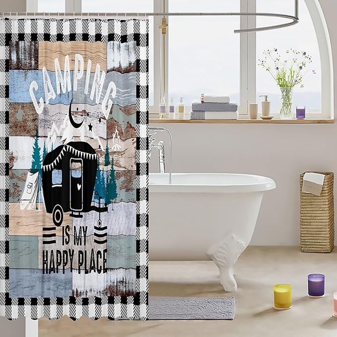 Feelyou Happy Camping Shower Curtain Camper Fabric Shower Curtain for Kids Boys Girls Rustic Farmhouse Style Bathroom Waterproof Accessories with 12 Hooks Vintage Barn Door Curtains,72X84 Inches