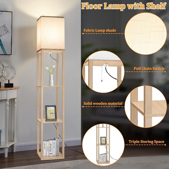 Dott Arts Floor Lamp with Shelves, Floor Lamps for Living Room Decor Display Shelf Lamps with 3 Color LED Bulb, Modern Floor Lamp for Bedroom Standing Lamp for Living Room Office,Home Decor（Burlywood）