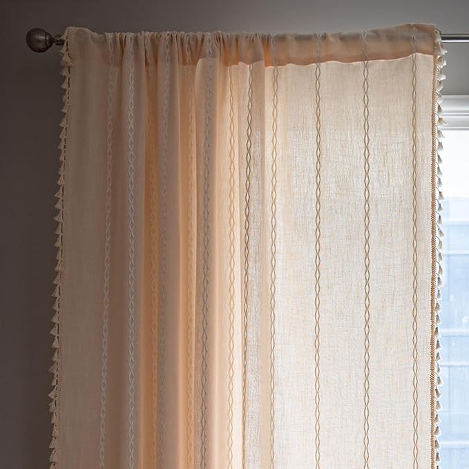 Sutuo Home Boho Curtains for Bedroom Dining Room Kitchen, Semi Blackout Linen Farmhouse Shabby Chic Tassels Window Treatment Bohemian Embroidery Drape, Rod Pocket 1 Panel 52" W x 63" L Champagne