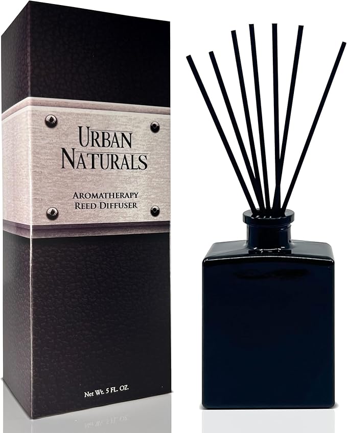 Urban Naturals Crisp White Linen Reed Diffuser Gift Set – Citrus, Ozone, Ylang–Ylang, Lilies & Sandalwood for a Fresh Smelling Home – 5 Ounce Sleek Black Rectangular Glass Bottle – Made in The USA