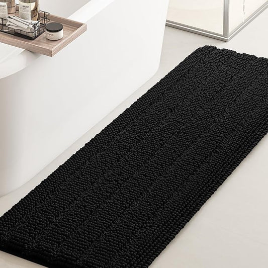 ACCUMTEK Striped Black Bathroom Rug Mat 47.5"x17" Ultra Soft, Non Slip Chenille Bath Rugs, Absorbent Plush Shaggy Bath Mats for Bathroom, Bedroom, Kitchen, Shower, Tub