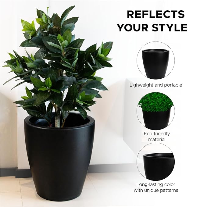 Elly Décor 23 inch Planter for Garden with Drainage, Large Round, Lightweight & Extremely Durable, Deck Indoor/Outdoor Plastic Pot, 23.6" x 21.6"x14, Black