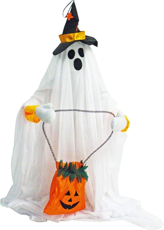 Haunted Hill Farm Friendly Ghost Halloween Animatronic with Touch Activated Lights and Music, Battery Operated Indoor or Covered Outdoor Halloween Decorations, Cute and Modern Halloween Props for Home