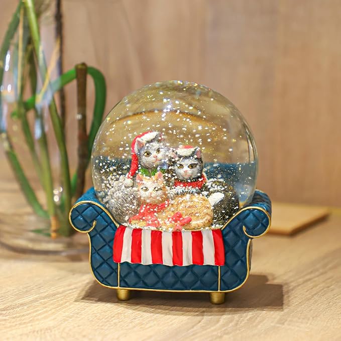 Blue Cat Snow Globe for Kids - Christmas Snow Globes for Girls & Boys, 100MM Glitter Glass Snowglobes - Cat Crystal Ball Home Office Table Decor Birthday Gift