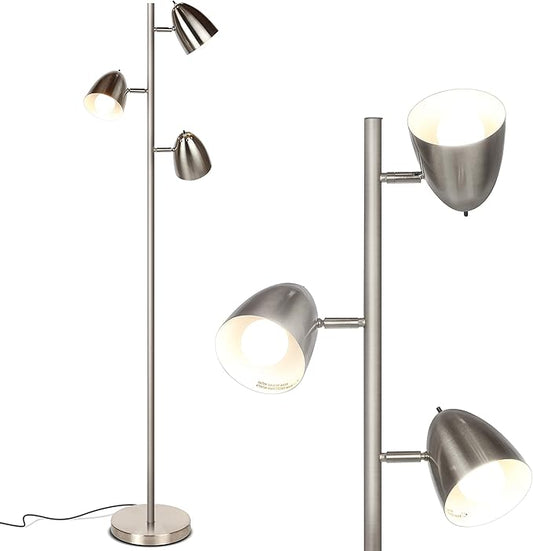 Brightech Jacob LED Standing Lamp, Modern Bright Floor Lamps for Living Rooms & Bedrooms, Tall LED Lighting Lamp with Adjustable 3 Light Tree – Satin Nickel