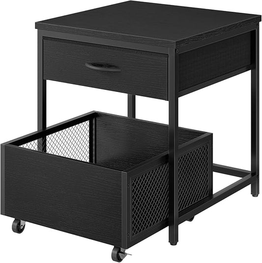 End Table, 19.7 Inch Square Side Table, Mini Fridge Stand with Storage, Nightstand with Mobile Basket Cart, for Living Room, Bedroom, Black TBZ55BB