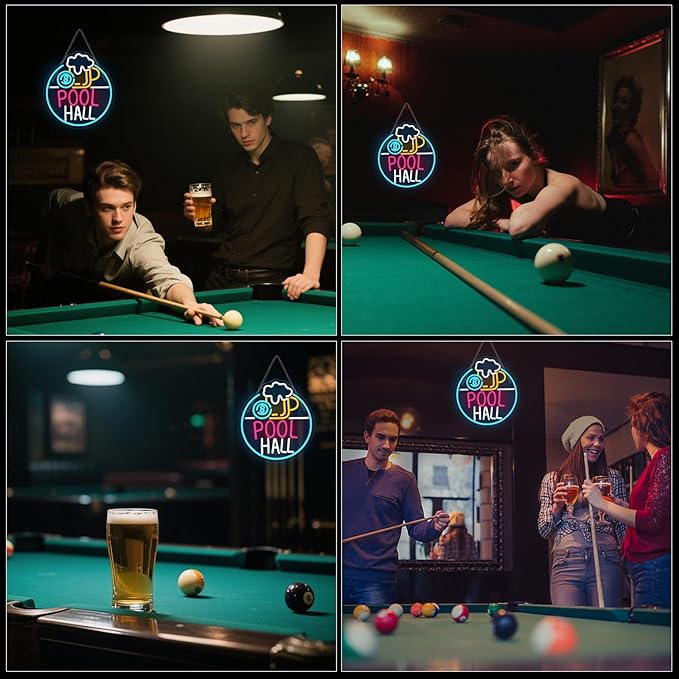 Pool Hall Beer Neon Sign LED Light Sign Wall Decor for Pool Hall, Game Rooms, Bars, Basements & Man Caves USB Powered, Adjustable Brightness Billiards Themed Lighting
