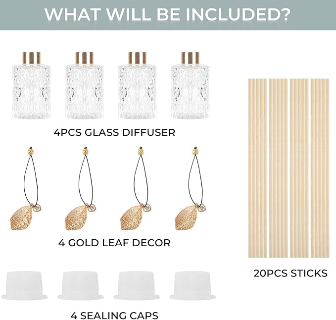 4Pcs Reed Diffuser Set with Metal Golden Decoration, 6oz Empty Reed Diffuser Bottles with 20Pcs Reed Diffuser Sticks, Unique Design Bottles for Home and Office (Large Cylinder)