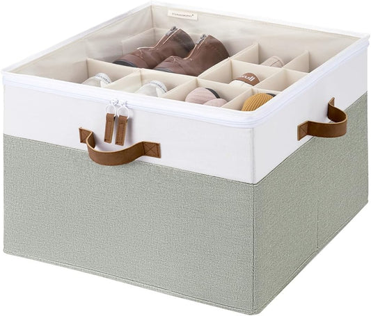 StorageWorks Shoe Organizer for Closet, Fits up to 16 Pairs, Shoe Cubby Storage Containers with Adjustable Dividers and Clear Cover, Green & White