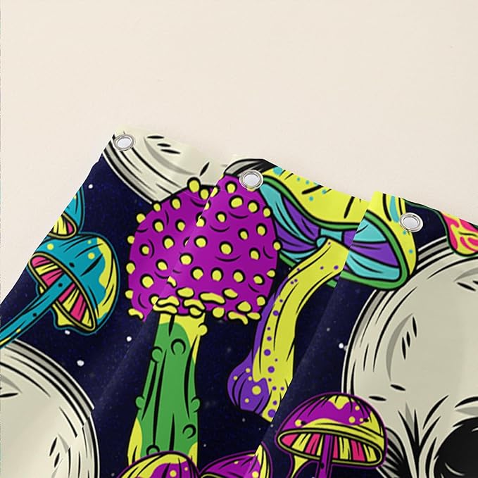 AILONEN Skull Shower Curtain for Bathroom,Mushroom Skull Bath Curtain Decoration,Fantasy Fungus Skeleton Print Waterproof Black Curtain with 12 Plastic Hooks, 72" W*96" H