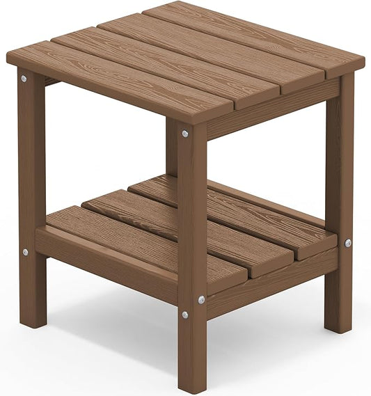 SERWALL 2-Tier HDPE Outdoor Side Table, Weatherproof Rectangular Adirondack Side Table, Brown