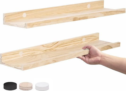 24 Inch Natural Pine Wood Floating Shelves for Bedroom, Wide Picture Ledge Set of 2, Wall Mount Unfinished Shelf Can be Stained Nursery Book Shelves for Kids Bedroom Living Room Bathroom Kitchen