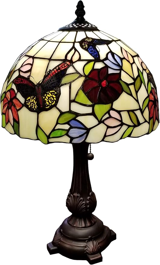 Amora Tiffany Style Table Lamp Banker 19" Tall Stained Glass Red Green White Floral Flower Butterfly Antique Vintage Light Decor Bedside Living Room Bedroom Handmade Gift AM061TL12B Lighting