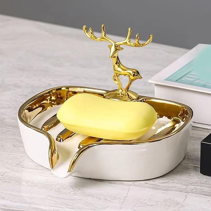 Soap Dish, Virvia Luxurious Ceramic Soap Dish Self Draining Soap Holder Tray Easy Cleaning Soap Saver for Shower Bathroom Kitchen Sink Bathtub Hotel Travel（White Painted in Gold）