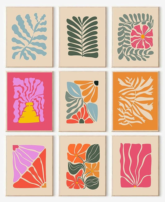 Abstract Botanical Prints Set of 9, Colorful Eclectic Gallery Wall Art Wavy Flower Floral Plant Wall Decor, Aesthetic Bedroom Decor Canvas Artwork Painting, Maximalist Art Prints & Posters for Boho