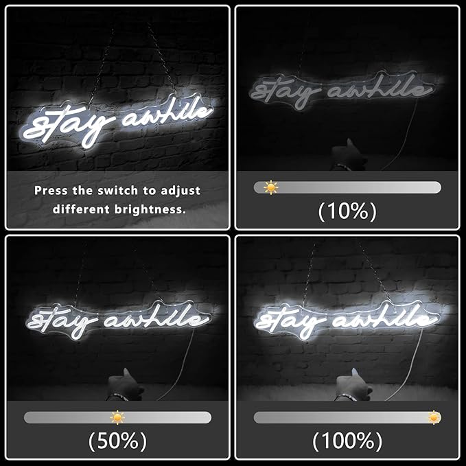 Stay Awhile Neon Signs - IMEGINA Dimmable LED Neon Sign for Wall Decor 19.7x5 Inch, USB Powered Neon Light for Bar Bedroom Home Room Pub Party (White)