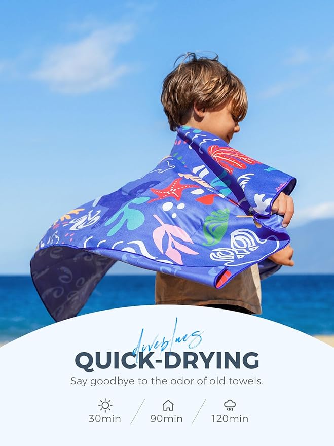 Kids Beach Towels 2 Pack 60''x30'', Quick Dry, Sand Free, Compact, Lightweight, Absorbent, Girls & Boys Large Microfiber Towels Gifts for Pool, Swim, Cruise Essentials