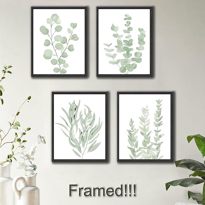 Drsoum Framed Botanical Plant Canvas Wood Wall Art Light Green Sage Wall Decor Eucalyptus Leaf Picture for Home 8”x 10” x 4pcs Black Framed