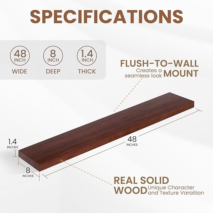 Fun Memories Rustic Real Wood Floating Shelves, 8 Inch Deep Floating Shelf Wall Mounted, 48" W x 8" D Wall Shelves Storage Shelves for Living Room, Bedroom, Bathroom, Walnut Finish, Set of 1