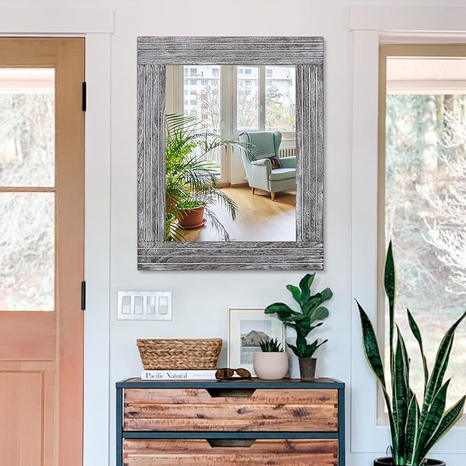 Large Wall Mirror Farmhouse Vintage Rustic Wood Framed Rectangular Mirror Decorative Dressing Table Entrance Bedroom Bathroom Mirror 26"x18"