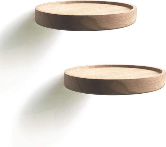Coracle Floating Shelf Wood Round Wall Mounted Showcase Wall Shelf Hanging Planter Storage Wooden Shelf for Plants Photo Candle Invisible Wall Decoration Design Set of 2 (Diameter Ø5.9 inch)