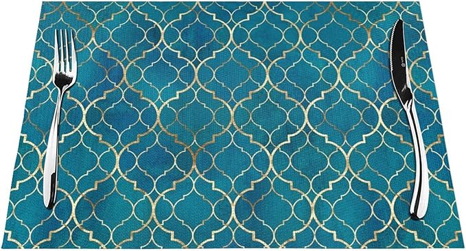 Blue Teal and Gold Modern Placemats Set of 4, Retro Table Mats Washable Heat Resistant Non-Slip for Kitchen Dinner Holiday Party Farmhouse Home Decor, Linen 12"x18"