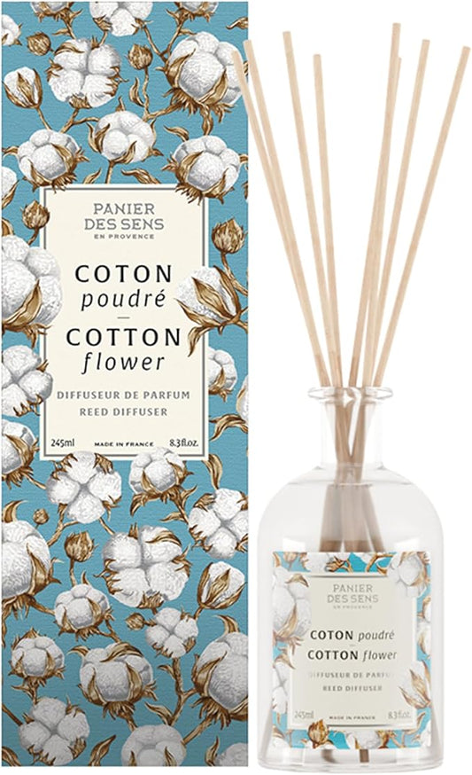 Panier des Sens - Cotton Flower Reed Diffuser – Long Lasting Fragrance 5+ Months - Elegant Home Decor - 8.1 fl.oz Oil-Based Scent Diffuser - Made in France Home Fragrance - 90% Natural Ingredients