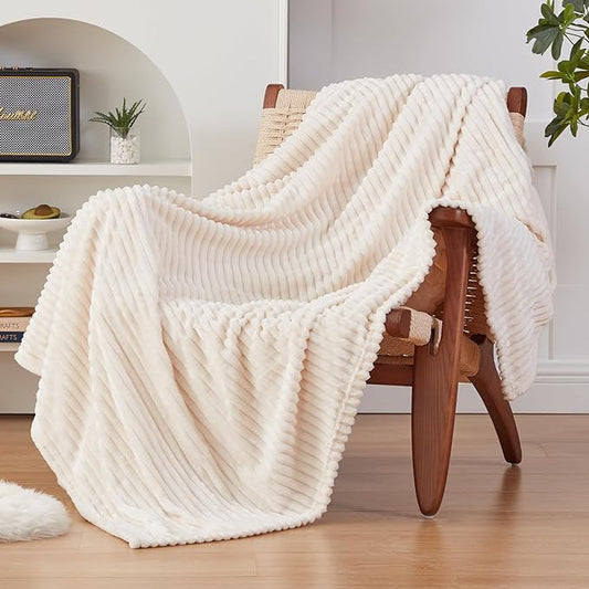 EXQ Home Fleece Throw Blanket for Couch or Bed - 3D Ribbed Jacquard Decorative Blankets - Cozy Soft Lightweight Fuzzy Flannel Blanket Suitable for All Seasons(50"×60",Beige)