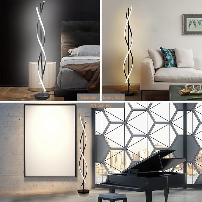 61inch Height; 60W DNA Spiral LED Floor Lights;Art Interior Decoration Home Nordic Floor Lamp Standing Lamp for Living Room Lighting ; 3Color Remote Control Dimming(Black)