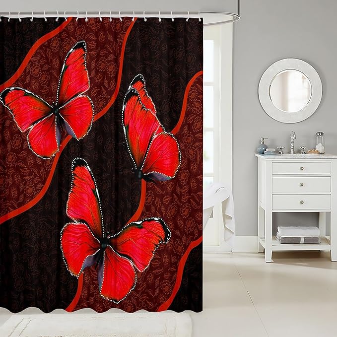 Feelyou Butterfly Shower Curtain 72"x72" Kids Butterflies Botanical Floral Print Bathroom Shower Curtain Set for Boys Girls Teens Geometric Stripes Bath Curtain Red Bathroom Accessories