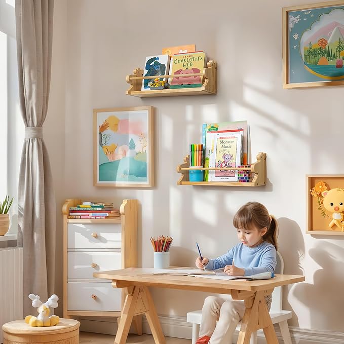 Gronda Cute Nursery Floating Shelves, Natural Solid Pine Wood Kids Bookshelves Wall Mount Storage Organizer Rustic Boho Decor for Kids Room Playroom Study Room Living Room Bedroom