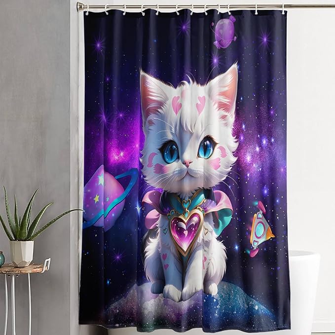 AILONEN Cartoon Cat Shower Curtain Set for Kids Boys Girls, Kawaii Love Kitten Shower Curtain for Bathroom,Galaxy Planet Washable Fabric Shower Curtain with Hooks,72" W*84" H