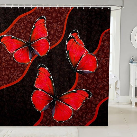 Feelyou Butterfly Shower Curtain 72"x72" Kids Butterflies Botanical Floral Print Bathroom Shower Curtain Set for Boys Girls Teens Geometric Stripes Bath Curtain Red Bathroom Accessories