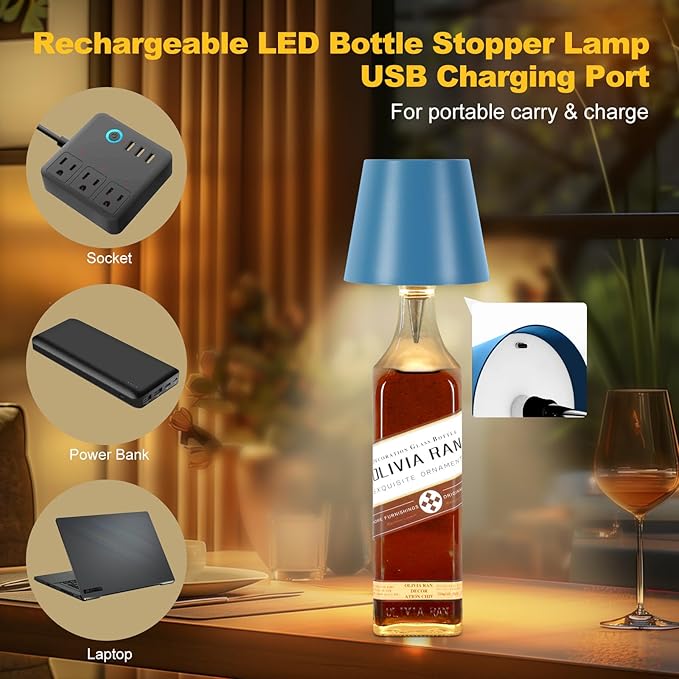 Wireless Bottle Lamp, 2025 New 3 Color Rechargeable Wine Bottle Lights for Bars Restaurants (Blue, 1PC)