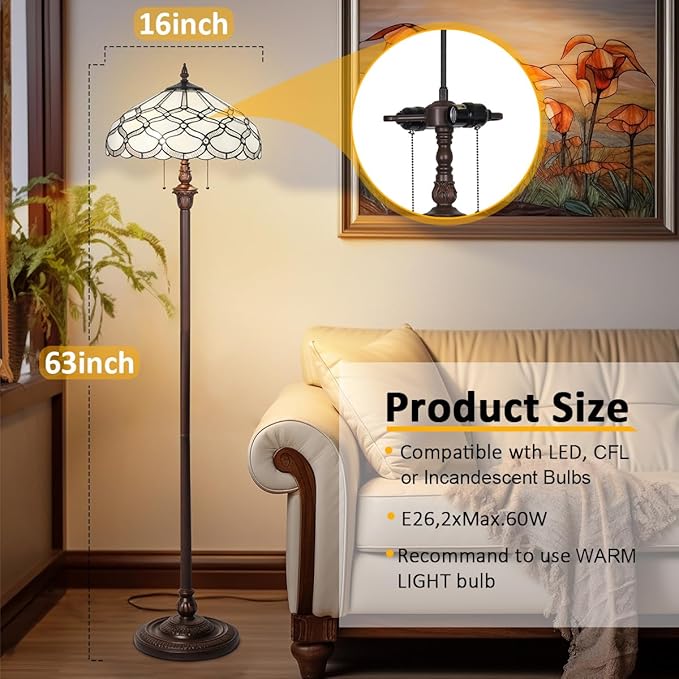 Tiffany Floor Lamp,16 inch Stained Glass Lamp Shade,Vintage Antique Style Tall Standing Double Light for Living Room Bedroom