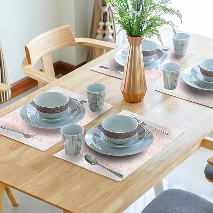 Gray Pink Boho Placemats Set of 6 Ethnic Bohemian Carpet Place Mats Washable Kitchen Dining Vintage Grey Geography Floral Linen Table Mats Stain Heat-Resistant for Home Party Indoor 12x18 in