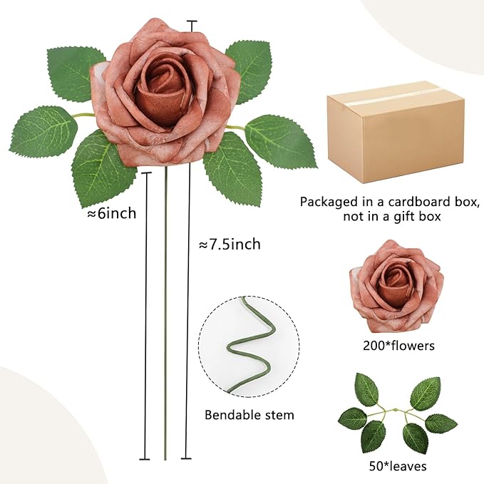 200PCS Warm Taupe Artificial Flowers Roses Real Looking Foam Fake Roses with Leaves for DIY Wedding Bouquets Bridal Shower Arty Decorations (Warm Taupe, 200)