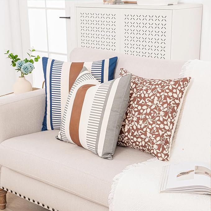 Farmhouse Stripe Pillow Cover 18x18 Boho Accent Cushion Case Faux Leather Decorative Pillowcase,Grey and Beige (Cover ONLY, Pack of 2)