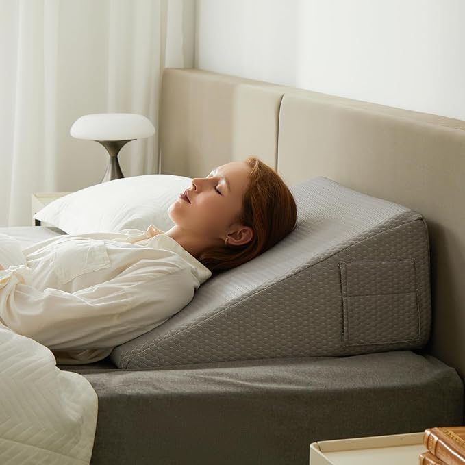 Wedge Pillow for Sleeping, 12 inch Elevated Support Bed Wedge Pillow, Breathable Triangle Pillow Wedge with Cooling Memory Foam Top - Removable Washable Cover, Grey