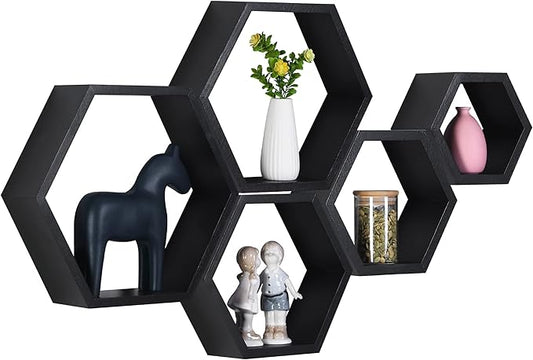 PHOENANCEE Hexagon Floating Shelves,Wall Mounted Wood Farmhouse Storage Honeycomb Wall Shelf Set of 5,for Bathroom, Kitchen, Bedroom, Living Room,Office,Home Room Wall Decor Driftwood Finish