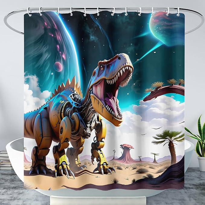 AILONEN Dinosaur Shower Curtain for Kids Boys Teens.Sky Blue Planet Dinosaur Bath Curtain for Bathroom,Machine Dinosaur Curtain Modern Polyester with 12 Plastic Hooks 48" W*72" H