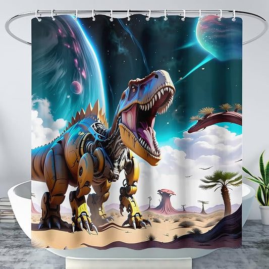 AILONEN Dinosaur Shower Curtain for Kids Boys Teens.Sky Blue Planet Dinosaur Bath Curtain for Bathroom,Machine Dinosaur Curtain Modern Polyester with 12 Plastic Hooks 36" W*72" H