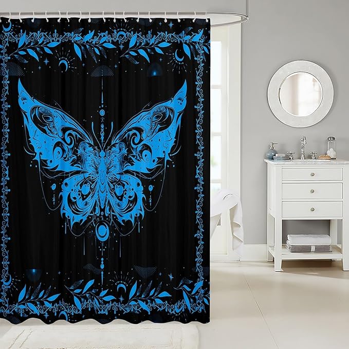 Feelyou Boho Blue Butterfly Bathroom Waterproof Accessories with 12 Hooks Bohemian Moth Shower Curtain for Kids Boys Girls Moon Galaxy Fabric Shower Curtain Black and Blue Curtains,72X78 Inches